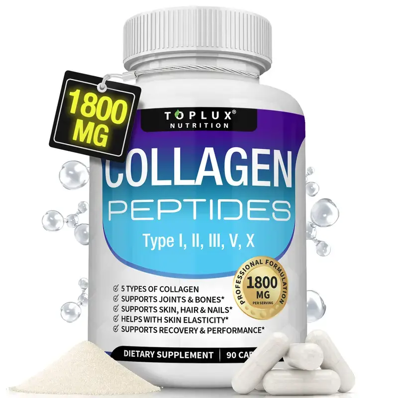 Toplux 5 - Type Collagen Peptides | 1800mg, US- Made| 90 Caps for Radiant Skin, Strong Nails & Joint Health Healthcare Supplement Colagen Edible Fitness Dietary Beauty