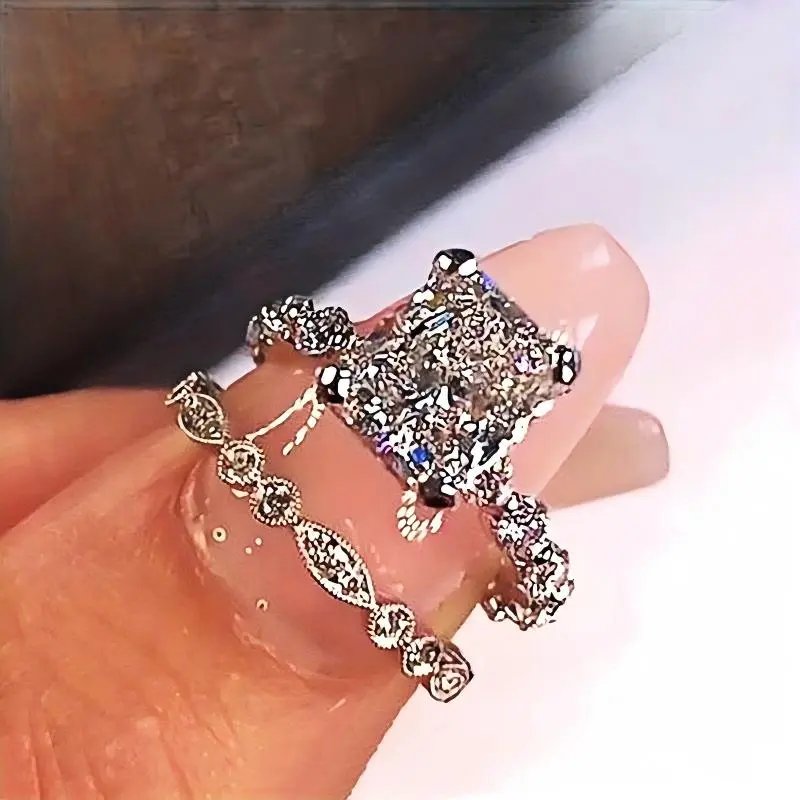 Elegant Square Cut Sparkling Zircon Ring Set (2 Pcs) for Women - Bridal Wedding Jewelry, Party Banquet Accessory, Valentine's Day Gift Artificial Crystal Ring Stackable Ring Set