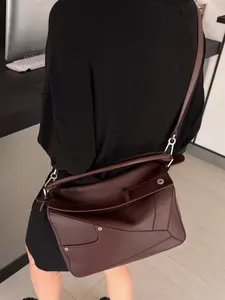 Geometric Paneled Leather Crossbody Bag | Detachable Strap | Espresso Brown/Classic Black