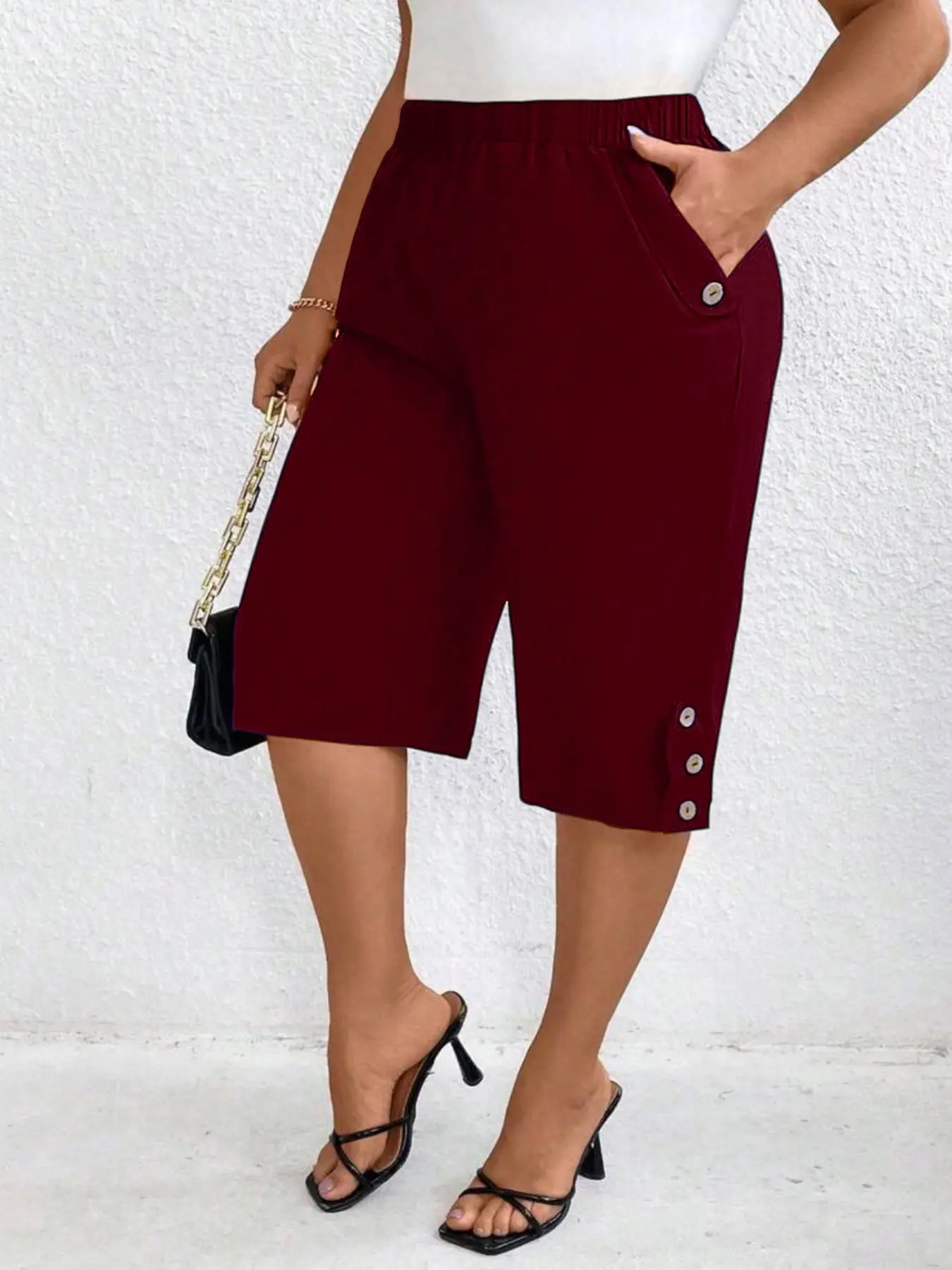 Elegant Plus Size Solid Color Elastic Waist Fitted Slant Pocket 7/8 Pants, Casual Fitted Bottoms, Comfortable Women's Trousers
