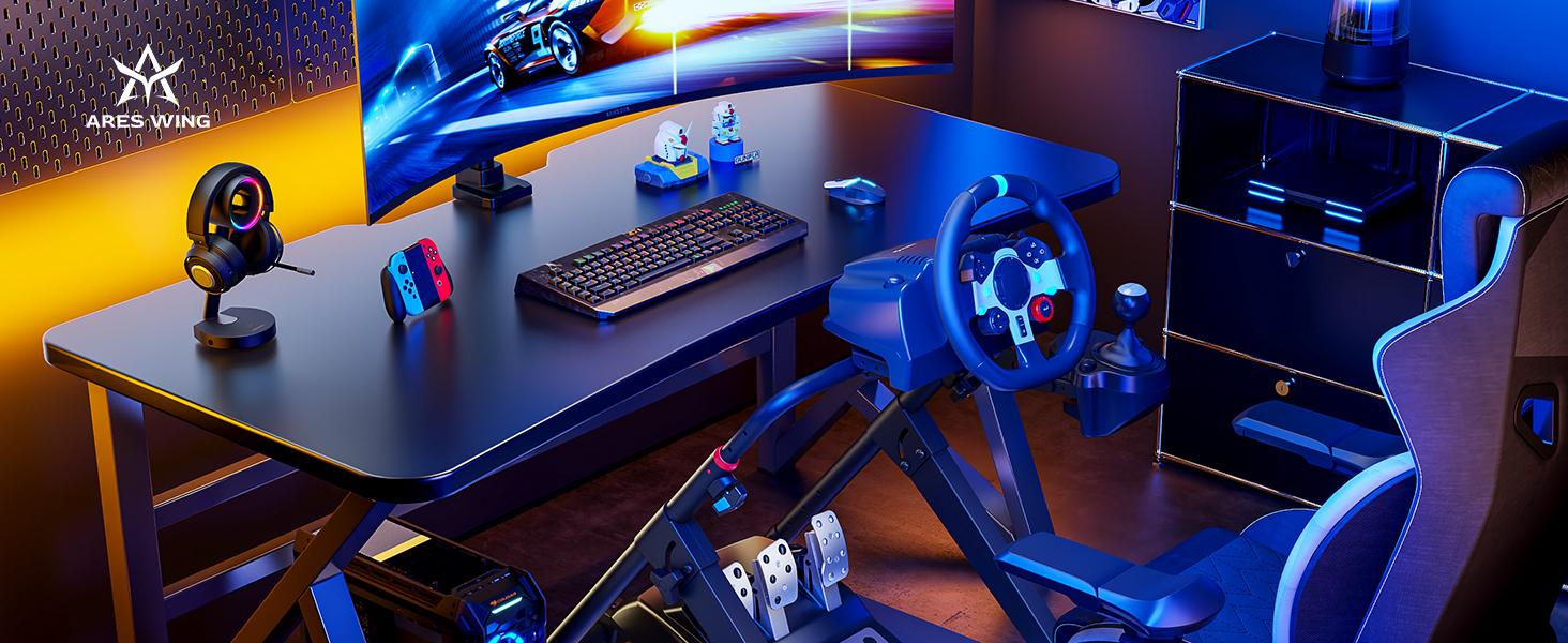 ARES WING Foldable Sim Racing Wheel Stand with Chair Fixing Slot, Formula and GT Racing Simulator Cockpit Compatible with Fanatec, Thrustmaster, Logitech, Moza, Racing Games on PS5, PS4, Xbox and PC