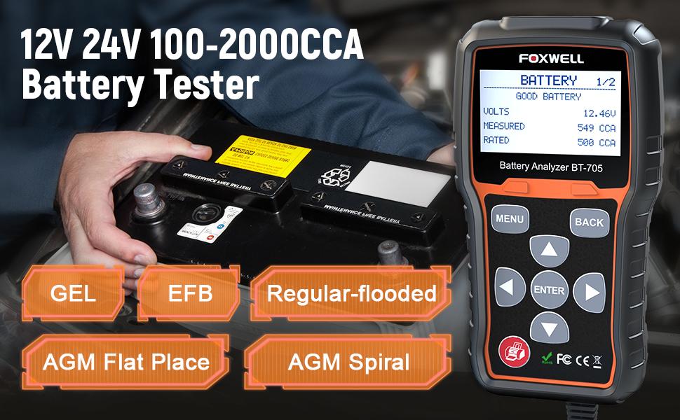 FOXWELL Heavy Duty Battery Tester BT705 12V 24V Car Battery Test, 100-2000CCA Battery Load Tester Automotive Battery Analyzer Digital Charging System Alternator Tester Cold Cranking for Heavy Duty Truck Boat Marine SUV ATV