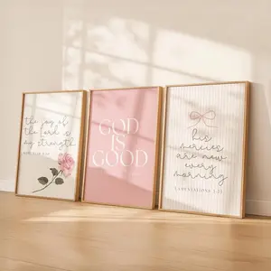Pink Christian Wall Art Set of 3, God Is Good Print, Scripture Nursery Decor, Coquette Bible Verse Wall Art (Unframed)