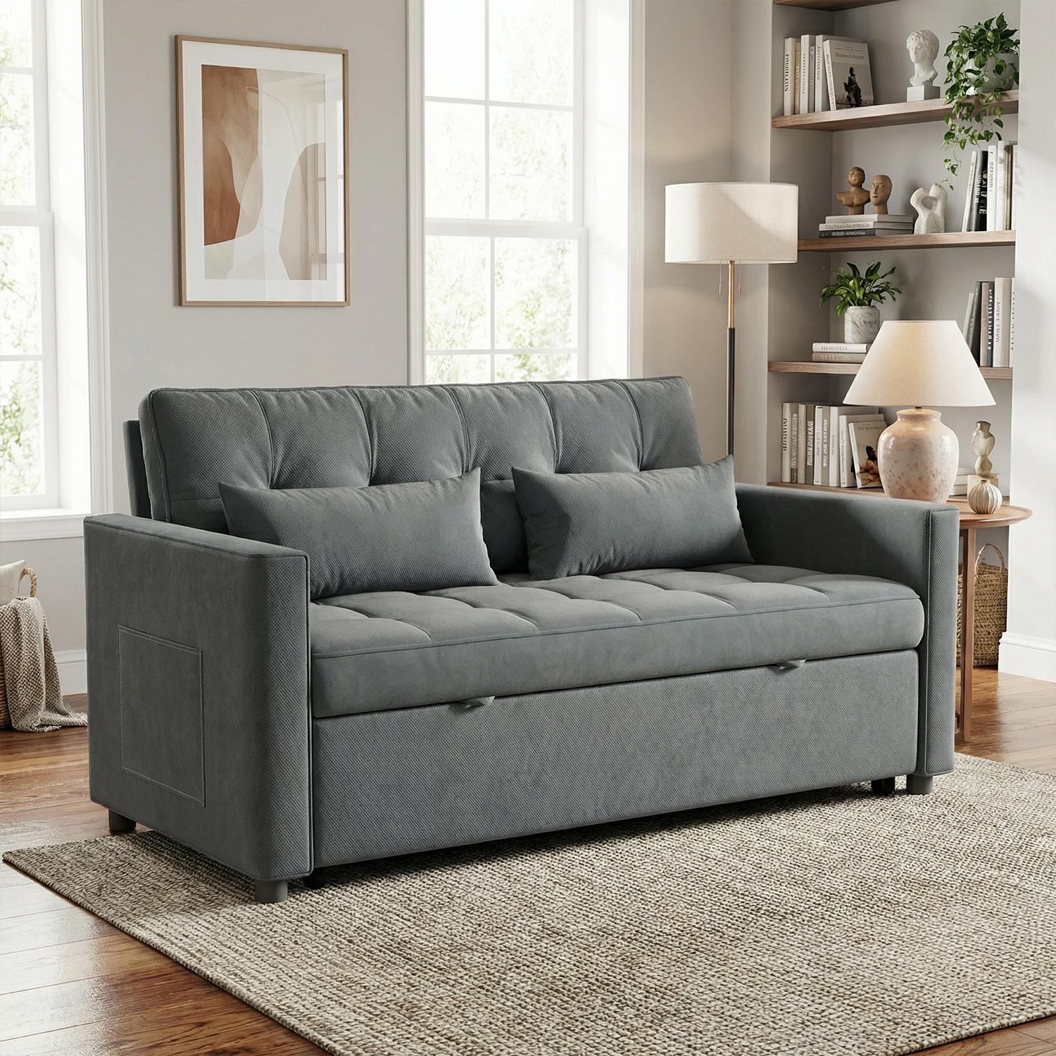 Spaco 3-in-1 Convertible Sofa Bed,  Sleeper Sofa with Pull-Out Bed,Loveseat with Five-level Adjustable Backrest and Side Pocket, for Living Room Dorm Apartment, Linen, Dark Gray