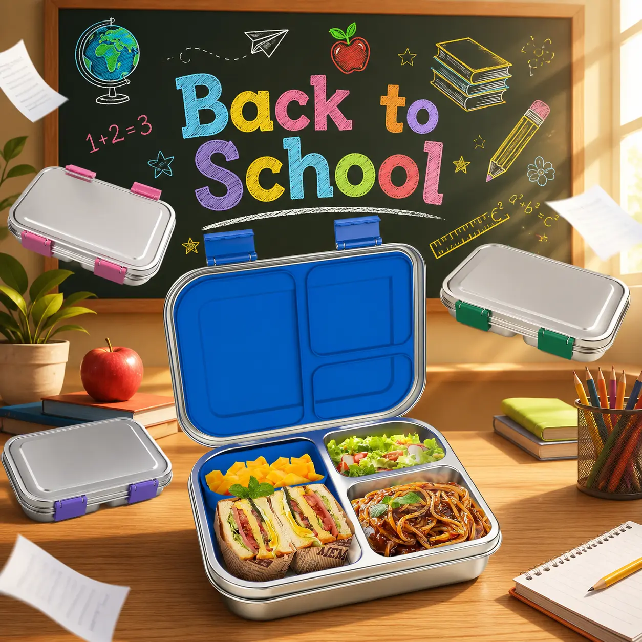 PAWTONG Stainless Steel Kids Leak-Resistant Bento Lunch Box, 3-Compartments with Silicone Container, Dishwasher-Safe, Child-Friendly Design for School, Picnics & Travel,BPA-Free Blue #Summerwins,home essentials campingessentials