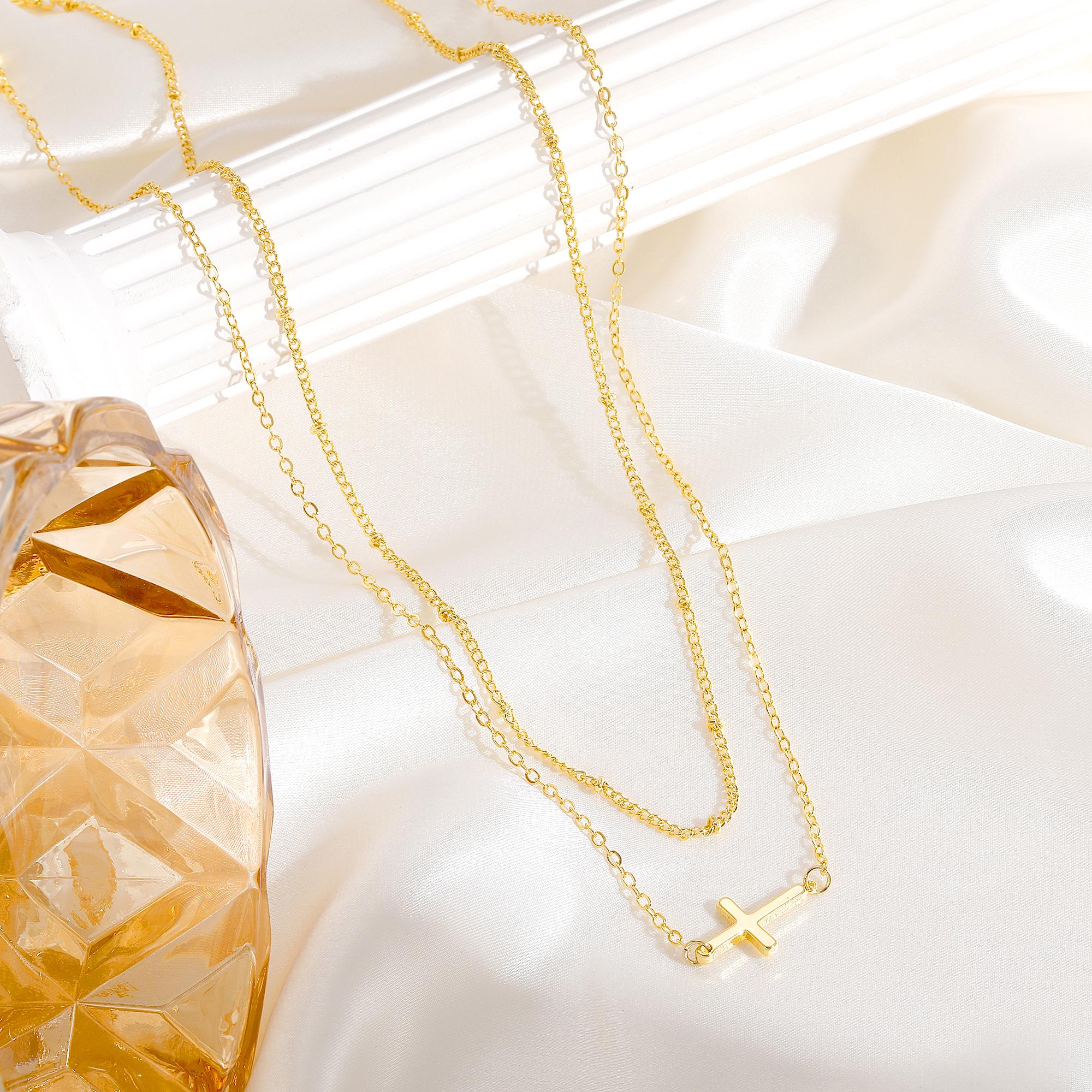 17KM 14K Gold Plated Layered Cross Necklace for Women , Dainty Small Pendant Choker, Trendy Faith Religious Jewelry, Minimalist Mother's Day Gift