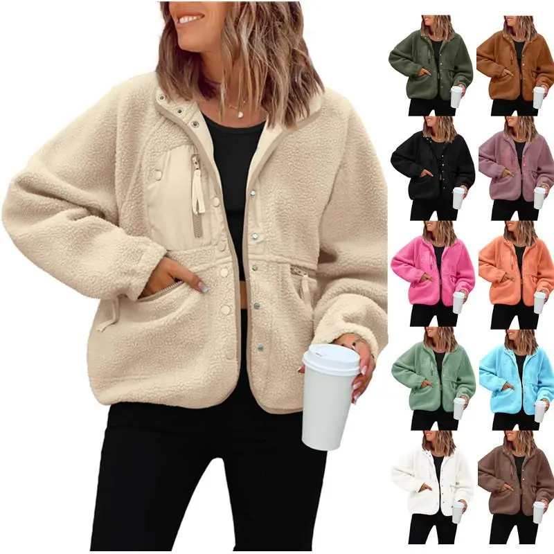 Women’s Lightweight Fleece Cropped Long Sleeve Casual Tops - Fuzzy Sherpa Sweatshirt Coat with Pockets, Ideal for Fall Winter Sports & Outdoor Use (Gift)