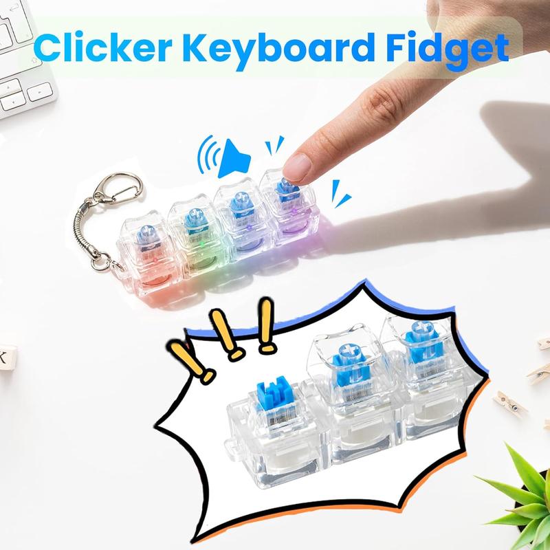 4-Hole Keyboard Fidget Toy for Adults Fidget Keyboard Clicker Toys with LED Lights Keychain Mechanical Keyboard Decompression Button Finger Clicker Toys Stress Relief for Anxiety Decompression (Black and White)