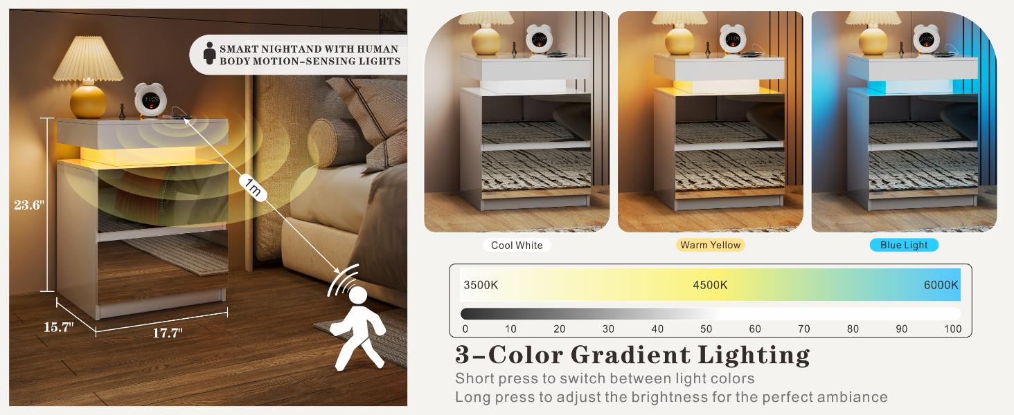 Miuvanity Nightstand Gun Drawer with USB & Type-C Port Automatic Sensor LED Light Modern Design for Office & Bedroom Storage Includes Charging Station Stylish Bedside Table