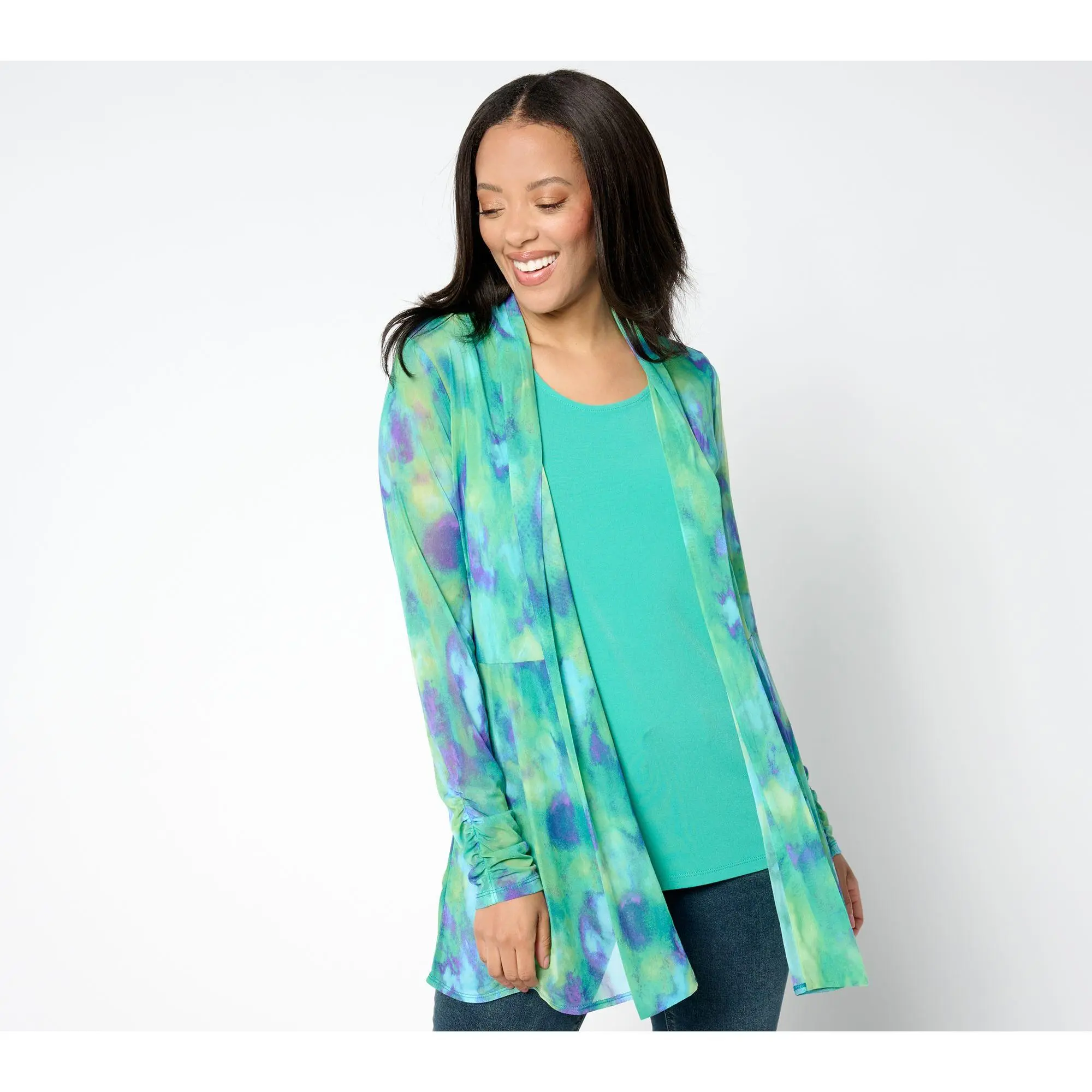 Susan Graver Petite Mesh Cardigan & Liquid Knit Tank Set Susan Graver Petite Mesh Cardigan & Liquid Knit Tank Set