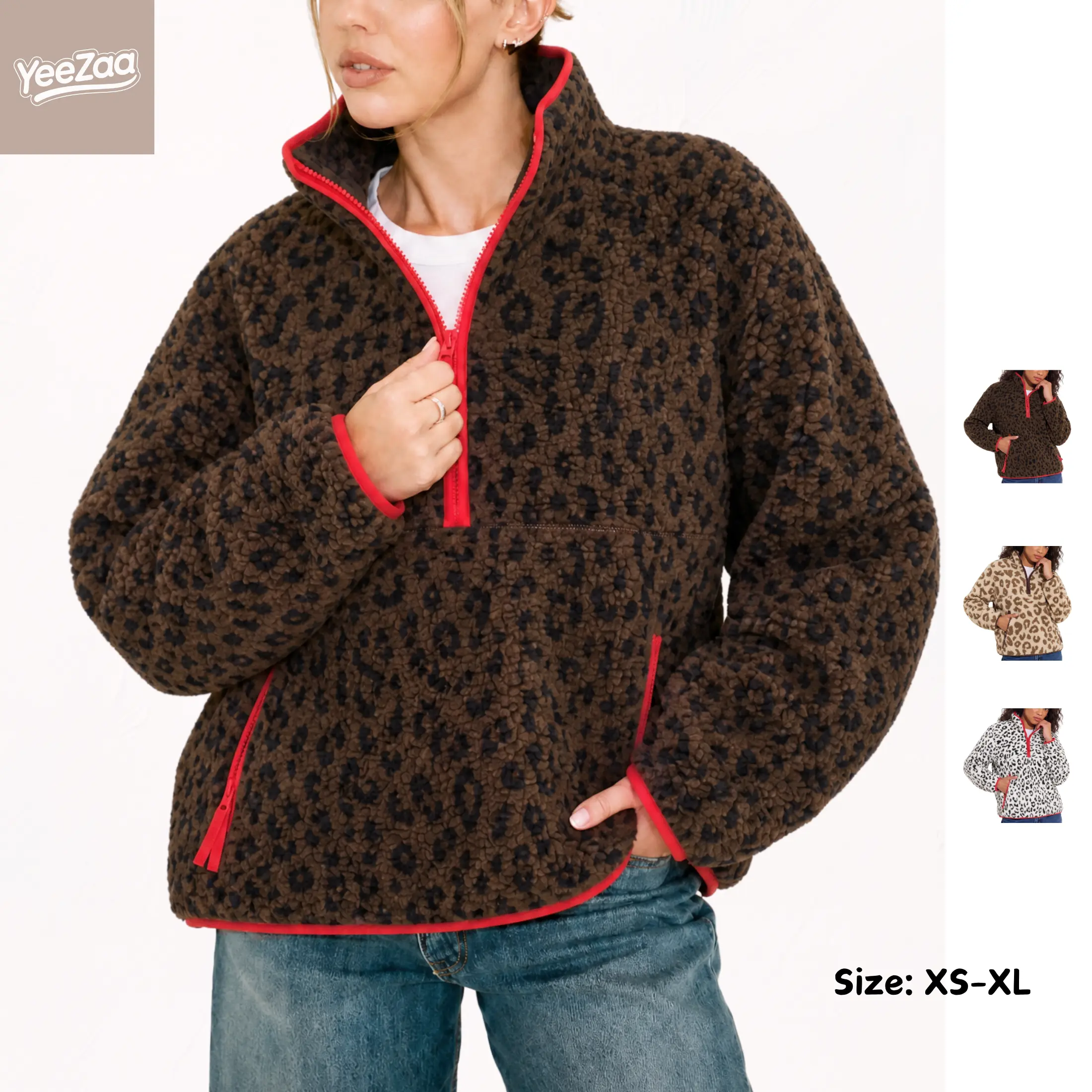 Women's Fuzzy Leopard Print Half Zip Fleece Jacket Long Sleeve Sherpa Pullover Sweatshirt Warm Fall Winter Chunky Teddy Coat Outerwear