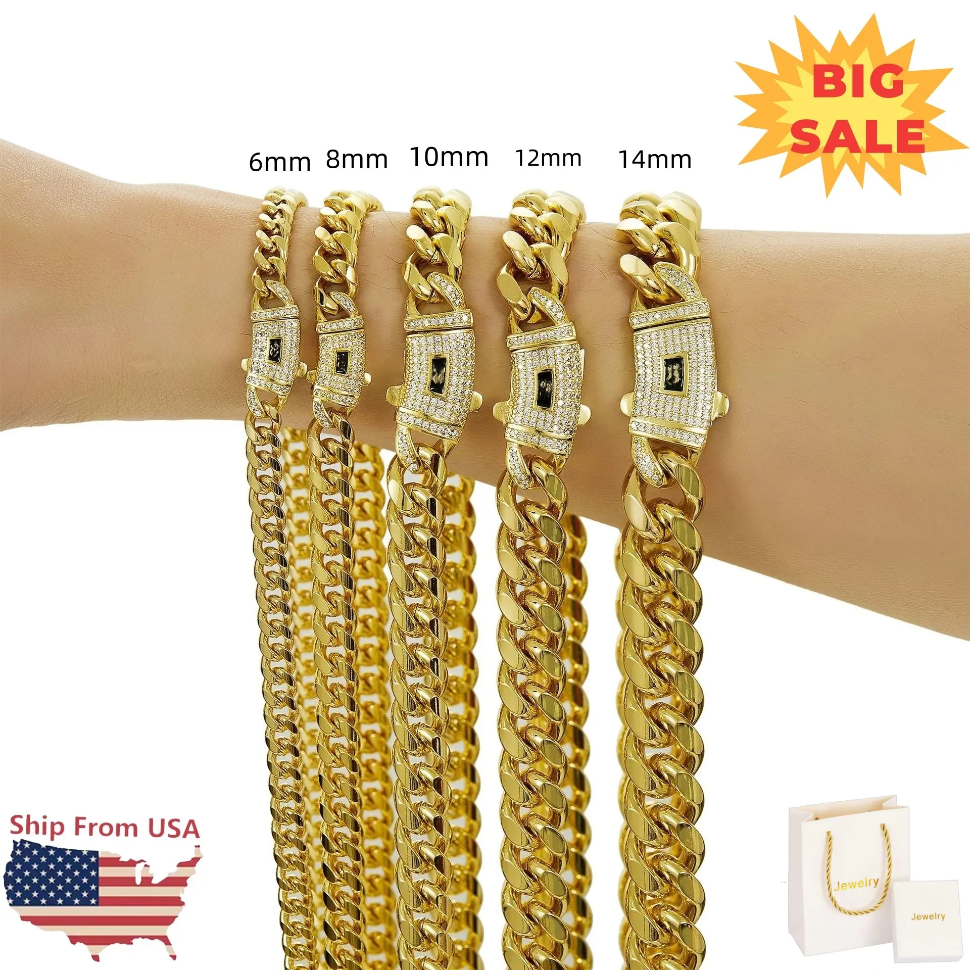 Mens/Women 14K Golden Plated Cuban Link Chain Necklace With Iced Out CZ Clasp Stainless Steel Hip Hop Jewelry 6/8/10/12/14MM With Gift Bag Gold Choker Gold Jewlery