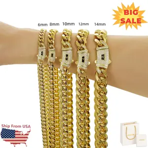 Mens/Women 14K Golden Plated Cuban Link Chain Necklace With Iced Out CZ Clasp Stainless Steel Hip Hop Jewelry 6/8/10/12/14MM With Gift Bag Gold Choker Gold Jewlery