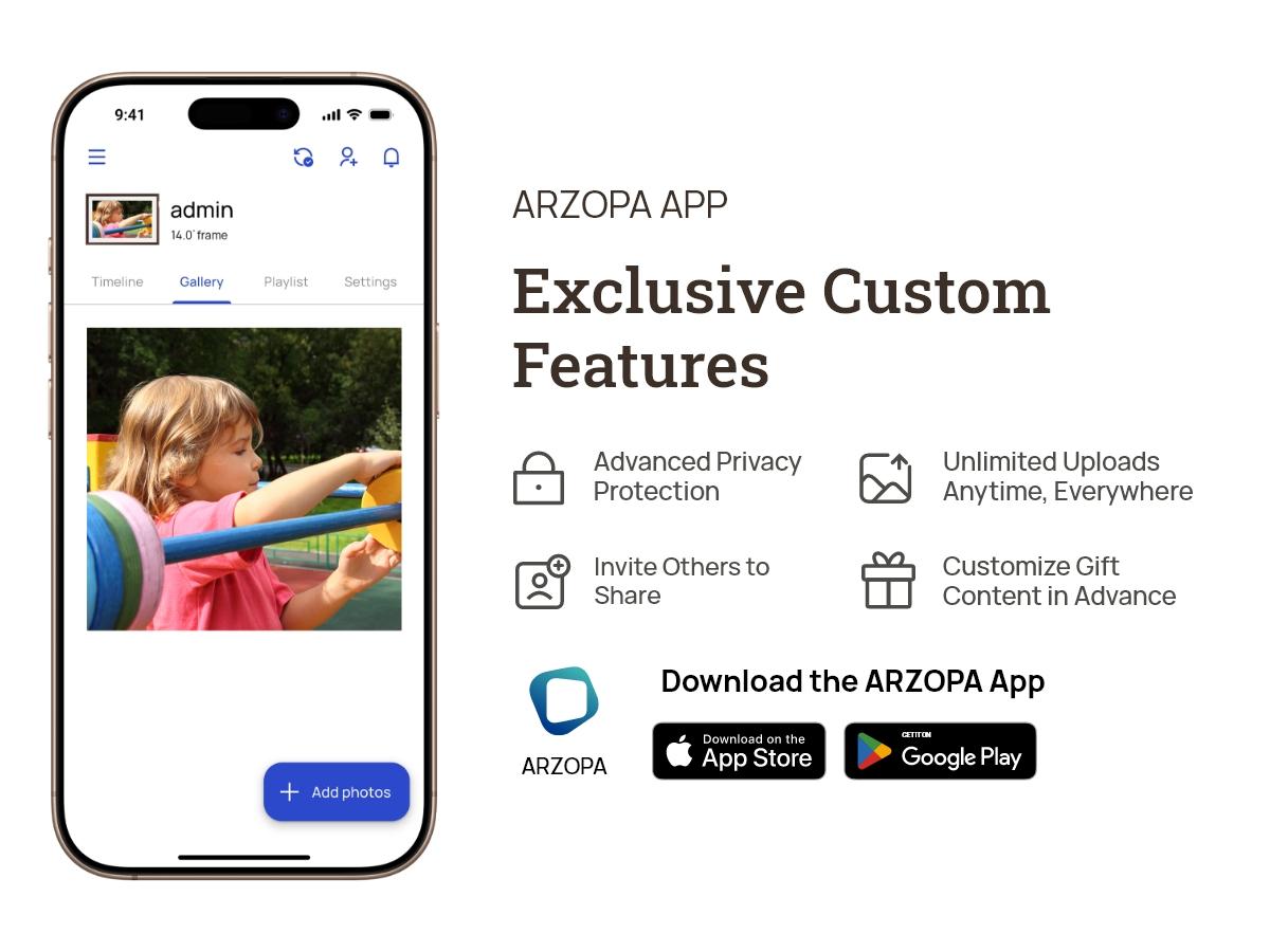 ARZOPA 14.0" Gold Digital Photo Frame Free Unlimited Cloud Storage Touch Screen Auto-Rotate 120s Video Slideshow for Family Friends Couples Nostalgic Memories Display Decor