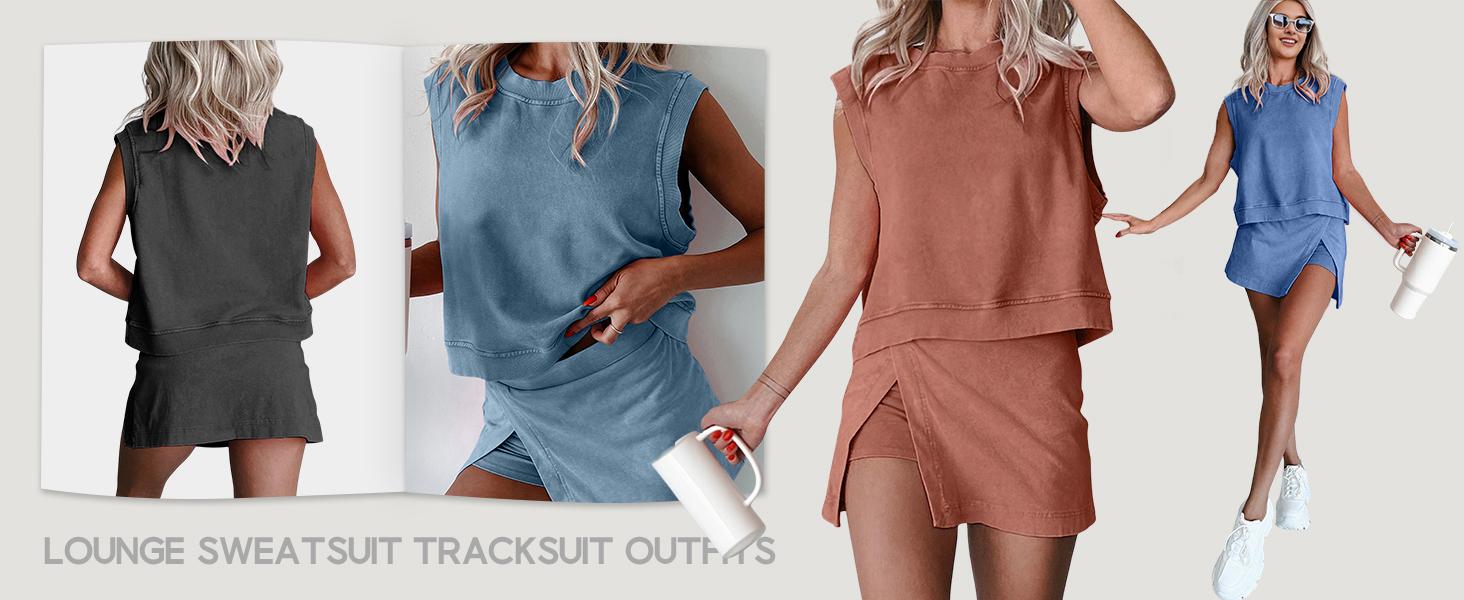 WoodBerry Women's Two Pieces Casual Travel Outfits Summer Short Lounge Set Cotton Tank Top Lined Split Athletic Skirt Sportswear Set WoodBerry Women's Two Pieces Casual Travel Outfits Summer Short Lounge Set Cotton Tank Top Lined Split Athletic Skirt Sportswear Set