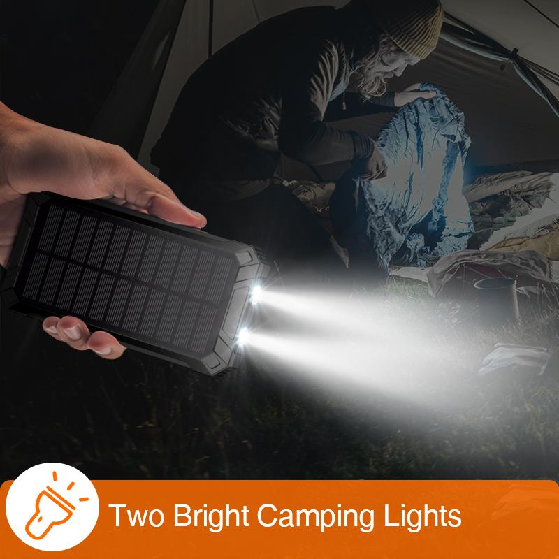 GNC W22 Solar Power Bank: 15W fast charging, 4 built-in cables, 6 outputs, 3 inputs, solar charging, dual flashlights, carabiner, fits all devices.