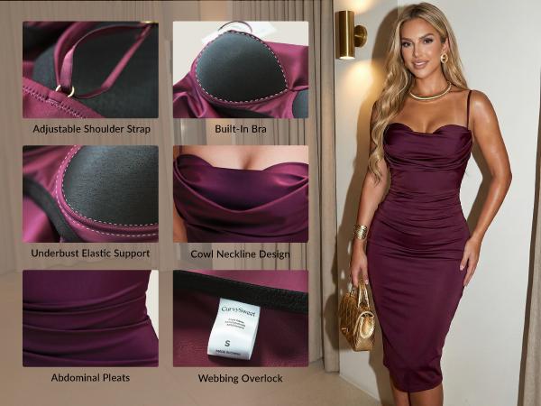 CurvySweet Women's Cowl Neck Ruched Bodycon Midi Dress with Spaghetti Straps and Built-in Bra for Cocktail Party