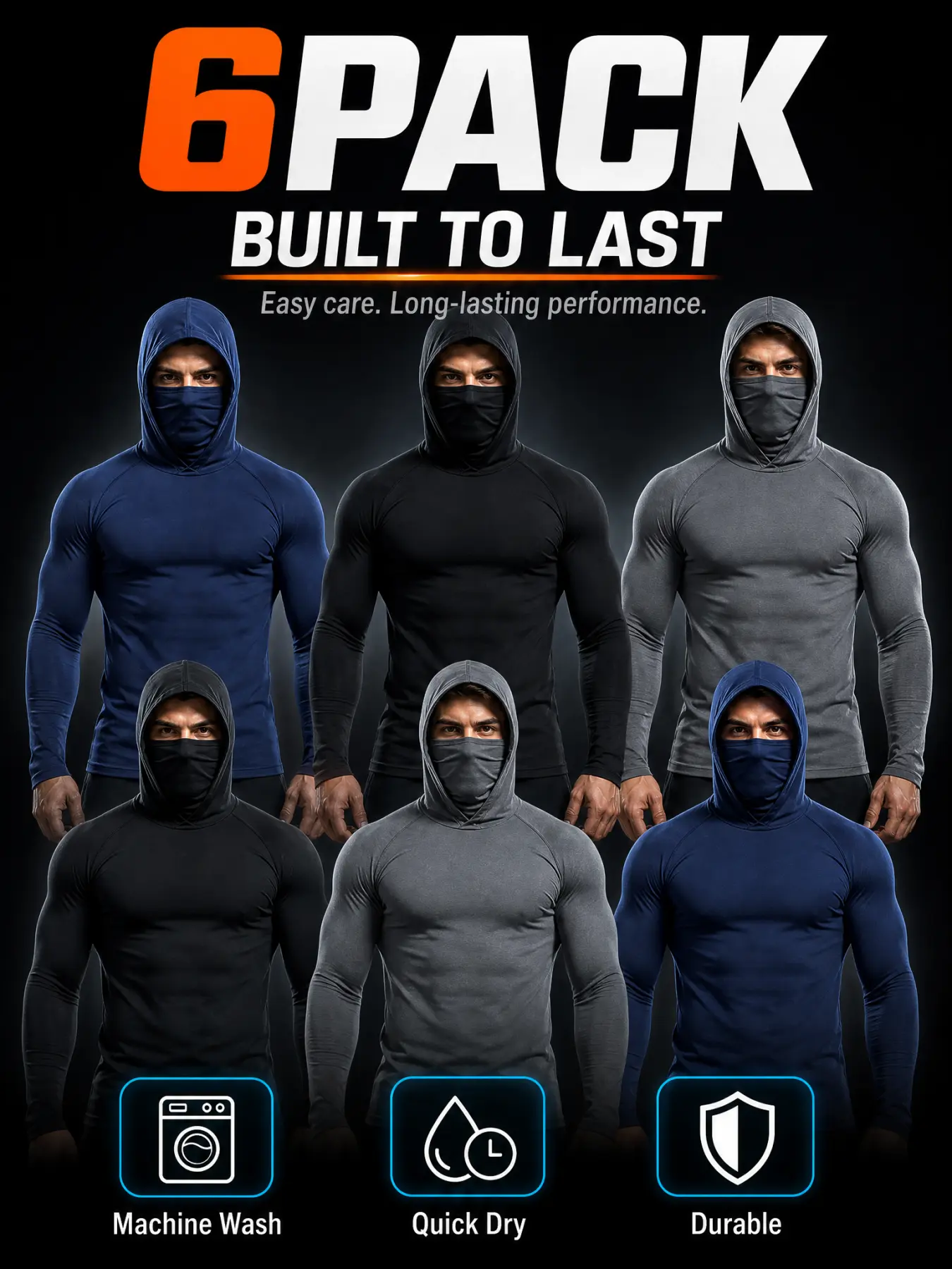 Men's 6-Pack Hooded Compression Shirts with Face Mask, Long Sleeves, Quick-Dry Fabric, Machine-Washable Durable Workout Base Layer for Daily Sports Wear, Workout Wear