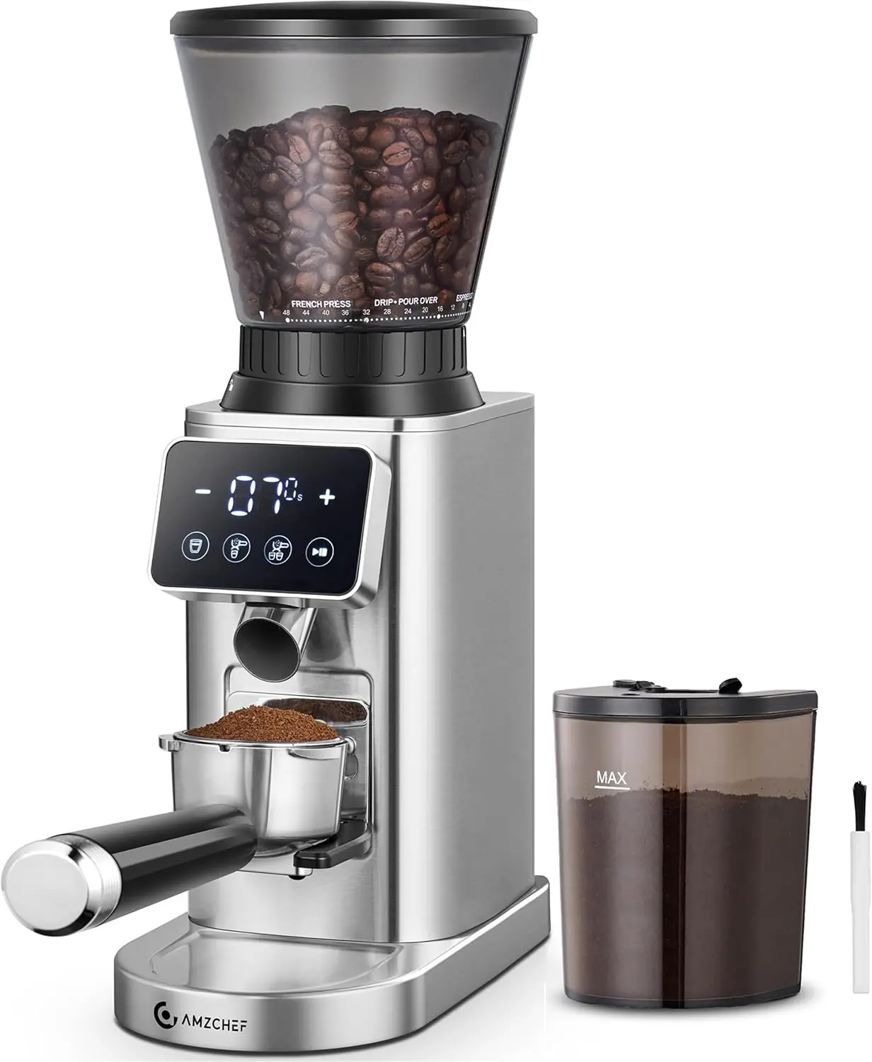 Stainless Steel Conical Burr Coffee Grinder - Anti-Static Burr Mill with Precision Timer, LED Touch Screen, 48 Settings, Grinding Control for Espresso, Pour Over, Cold Brew (Metallic Silver)