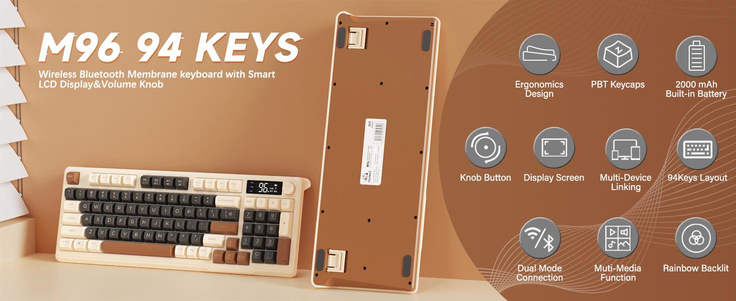 MAMBASNAKE×ZIYOU LANG M96 Wireless Keyboard Creamy Silent Membrane Keyboard with Rainbow Backlight Media Knob LCD Screen Dual Mode-Bluetooth/2.4Ghz,Ball Shape PBT Keycap 94 Key ANSI Layout for Win Mac PC Gamer