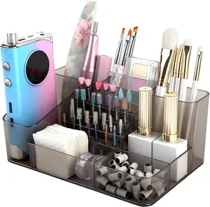 Flybok Multi functional Nail Drill Holder Storage Box Makeup Organizer Cosmetic Storage Box Cosmetic storage container 28 Holes Acrylic Organizer for Manicure Tools Elegant White Acrylic Clear Display Case Professional Desk Organizer