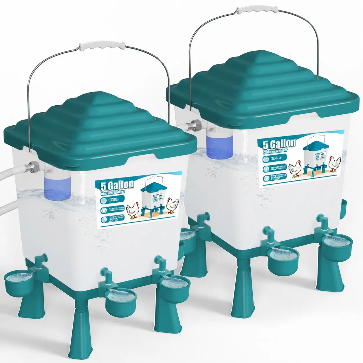 5 Gal Automatic Poultry Waterer for Chickens, Ducks, Handle for Turkeys, All-Seasons Farm Animal Feeding Tool, Auto Refill Valve, Elevated Stand, Anti-Roosting Lid, Transparent Tank, Leak-Proof Cups