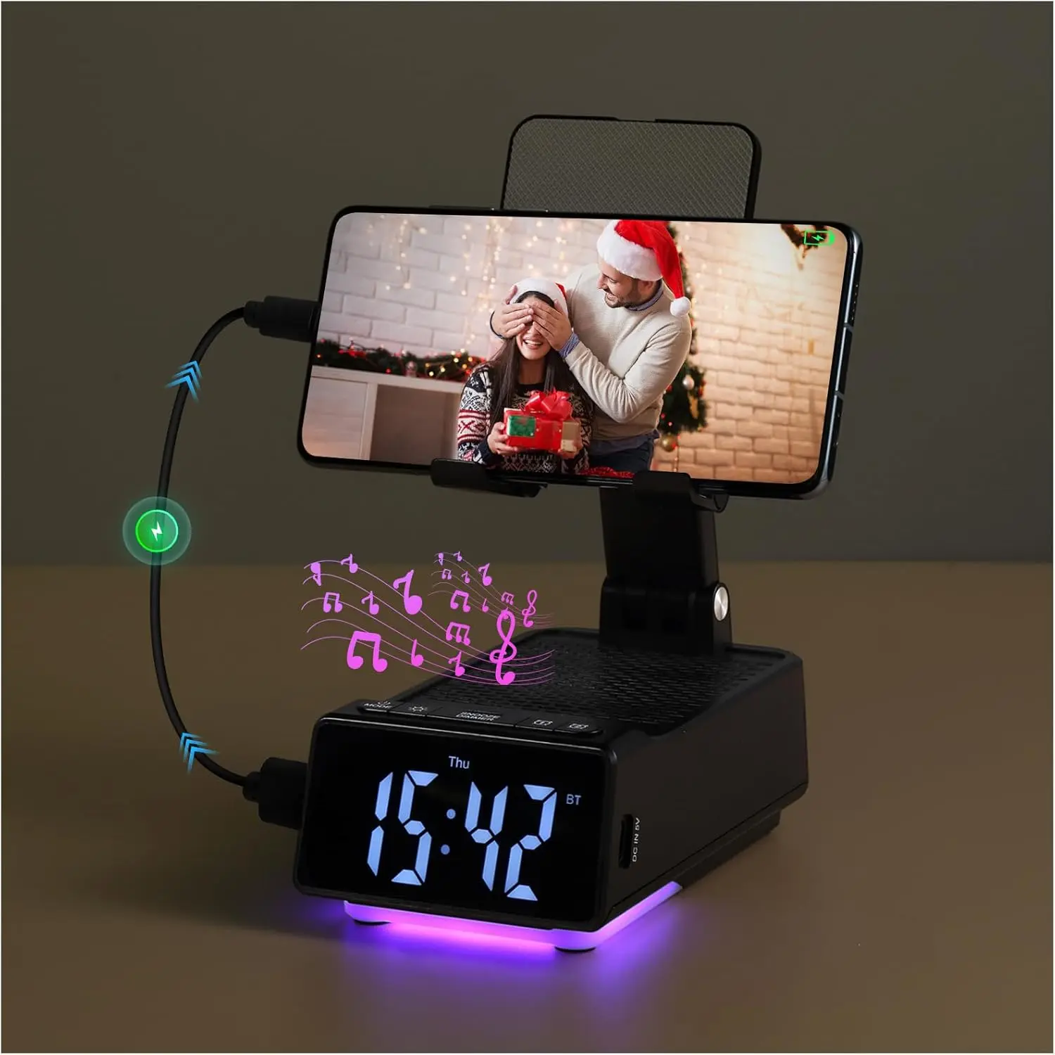 Gifts for Men Women, 7 in 1 Christmas Phone Stand with Bluetooth Speaker, Alarm Clock, Charger, Light, USB Playback & Hands-Free Calling, Stocking Stuffers, White Elephant Gifts for Teens Grandkids BFUSHIONY
