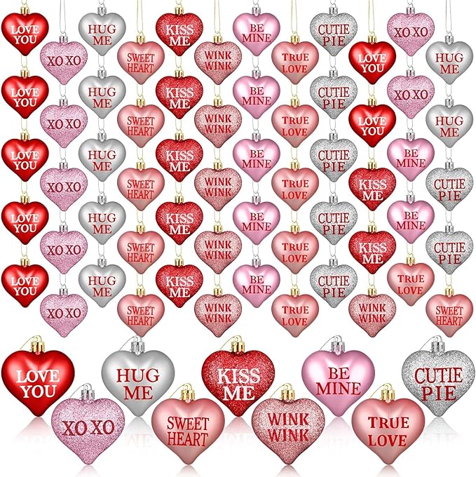 60 Pcs Valentine's Day Heart Shaped Hanging Ornaments with Love Letter for Valentines Tree Birch Tree, Red Pink Silver Glitter Heart Baubles Romantic Atmosphere Valentines Decor for Tabletop Bedside Bedrooms Room Mantle Birthday Wedding Party Home Decor
