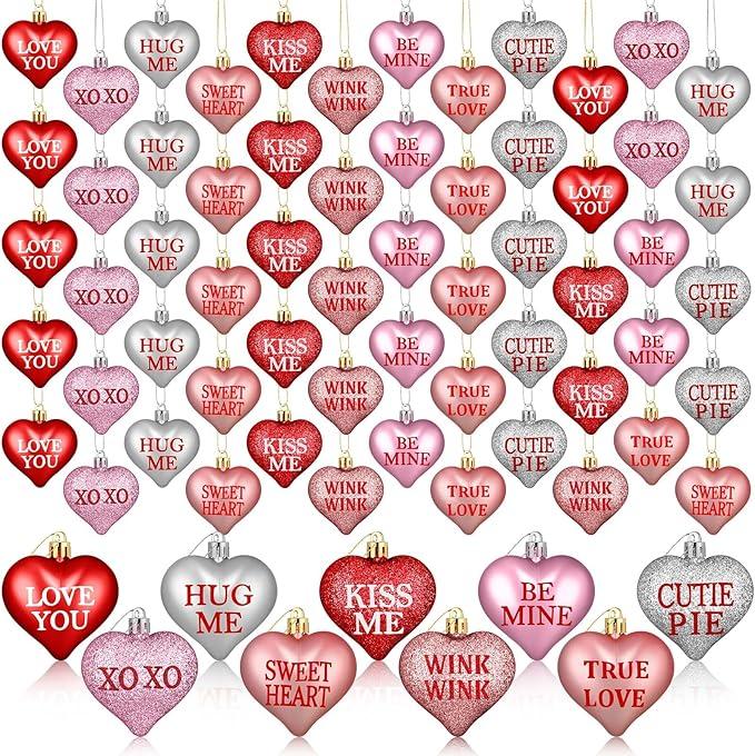 60 Pcs Valentine's Day Heart Shaped Hanging Ornaments with Love Letter for Valentines Tree Birch Tree, Red Pink Silver Glitter Heart Baubles Romantic Atmosphere Valentines Decor for Tabletop Bedside Bedrooms Room Mantle Birthday Wedding Party Home Decor