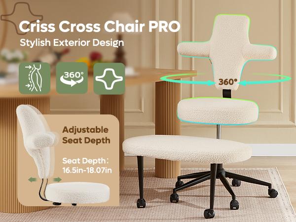 Pinmoco Extra Wide Ergonomic Cross Legged Swivel Chair - Adjustable Height, Teddy Fabric, Reversible Seating, Versatile for Home & Office Use