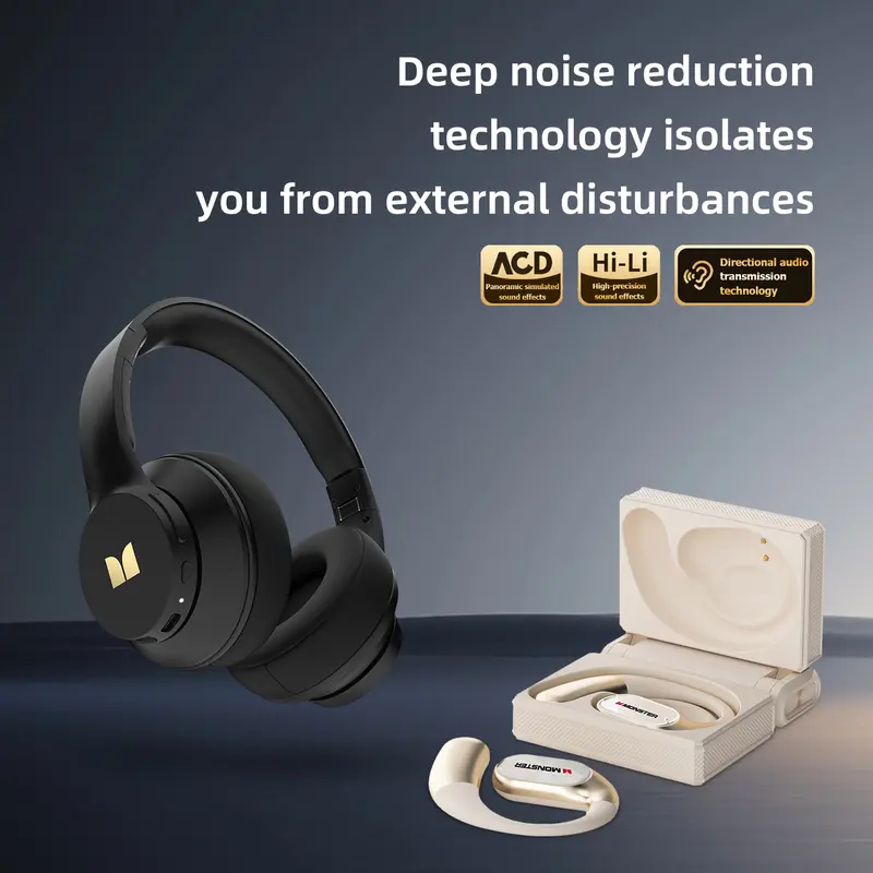 Monster Over-Ear Noise-Cancelling Module Wireless Headphones & Earbuds Combo Set (Black) - Portable Foldable, Deep Bass Punch, Waterproof Bluetooth 6.0 Earbuds with 100H Long Playtime, Cool Gifts for Adults, Ideal for Gym, Travel - TikTokShopBackToSchool