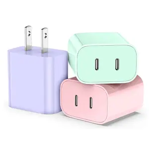 3-Pack Cube USB-C Wall Charger Outlet Boxes, 20W x 20W PD 3.0, for iPhone 16/16 Pro/15/14, Galaxy, Pixel, and AirPods Pro — Pink/Purple/Green