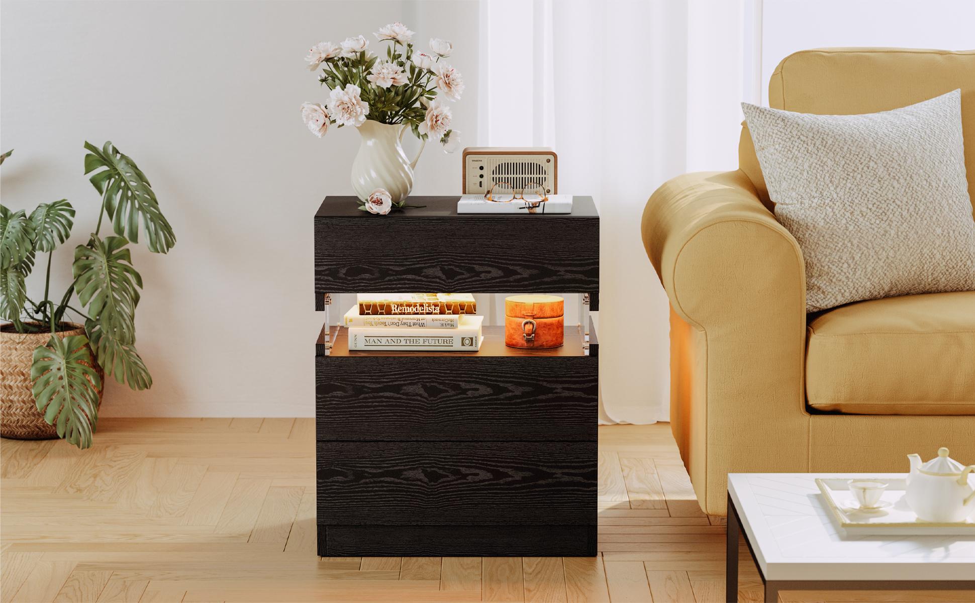 IRONCK Night Stand with LED Light and Drawers, Modern Bedside Table with Storage, End Table for Bedroom