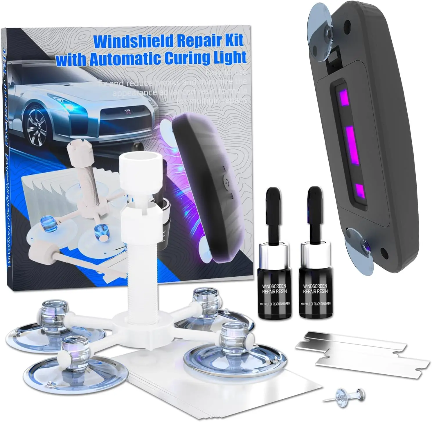 Windshield Crack Repair Kit with UV Light – 2-Piece Glass Repair Kit for Car Windshields, Chips & Cracks Repair Fluid
