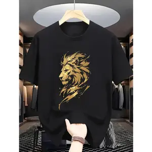 Men's Casual Summer T-Shirt with Majestic Lion Graphic Print Short Sleeve Crew Neck Light Gray Slight Stretch Cotton Fabric Perfect for Casual Attire Summer Tshirt Classic Unisex Cut Loose Fit