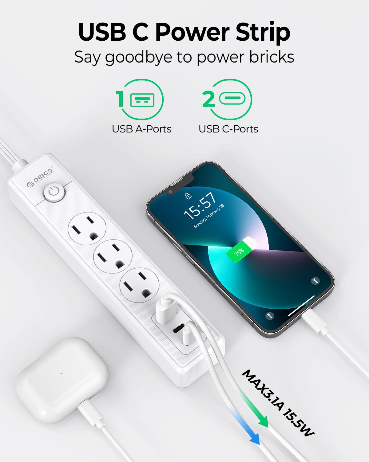 ORICO PW-3A1U2C 25FT Flat Extension Cord, 6-in-1 Power Strip with 3 AC Outlets, 1 USB-A & 2 USB-C Ports, Multiple Protection, Compact for Home & Office-PW