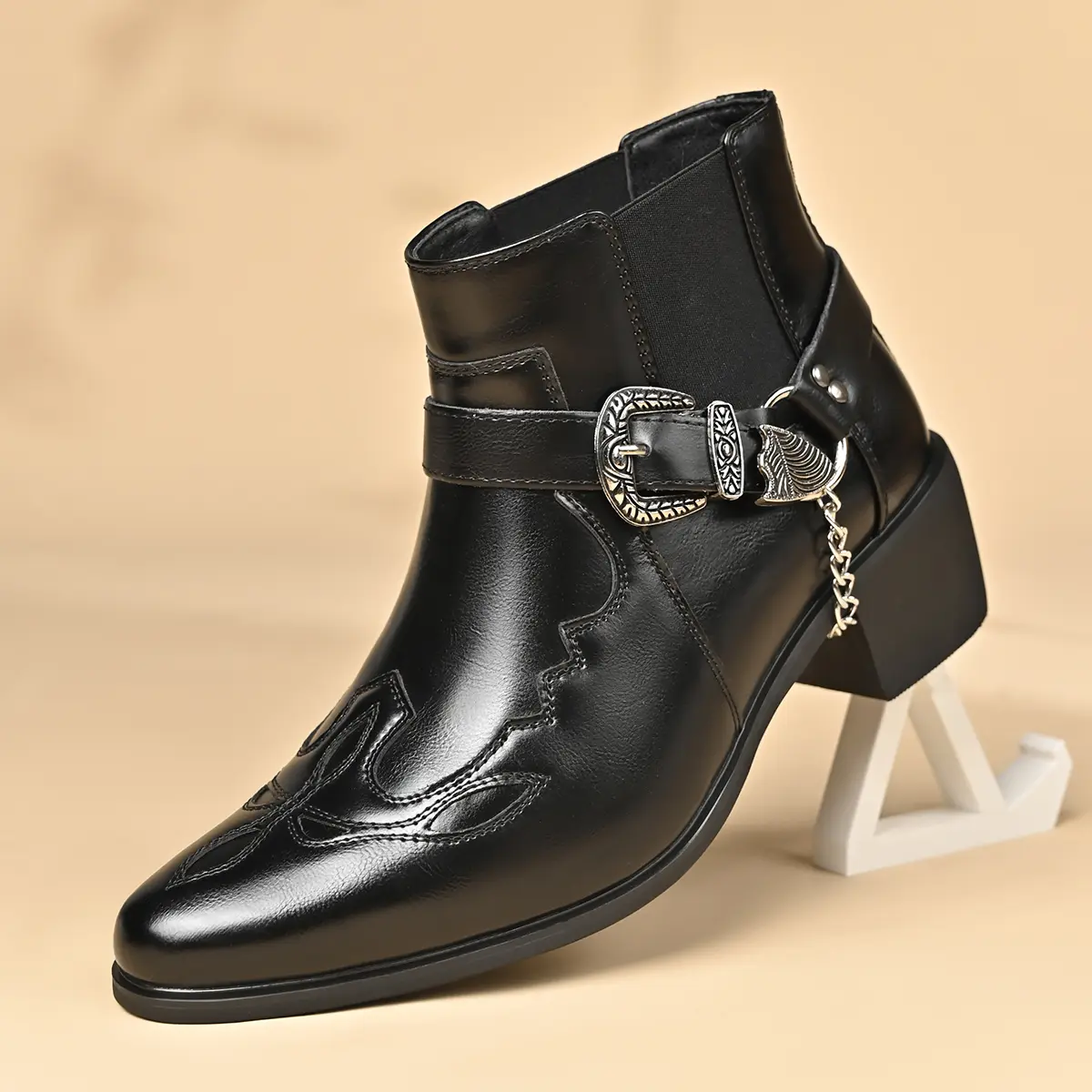 Men’s dress boots, embroidered design, high-heel ankle boots, non-slip, square toe block heel, durable and stylish, retro classic, everyday wear, Father’s Day gift — black, brown, closed-toe
