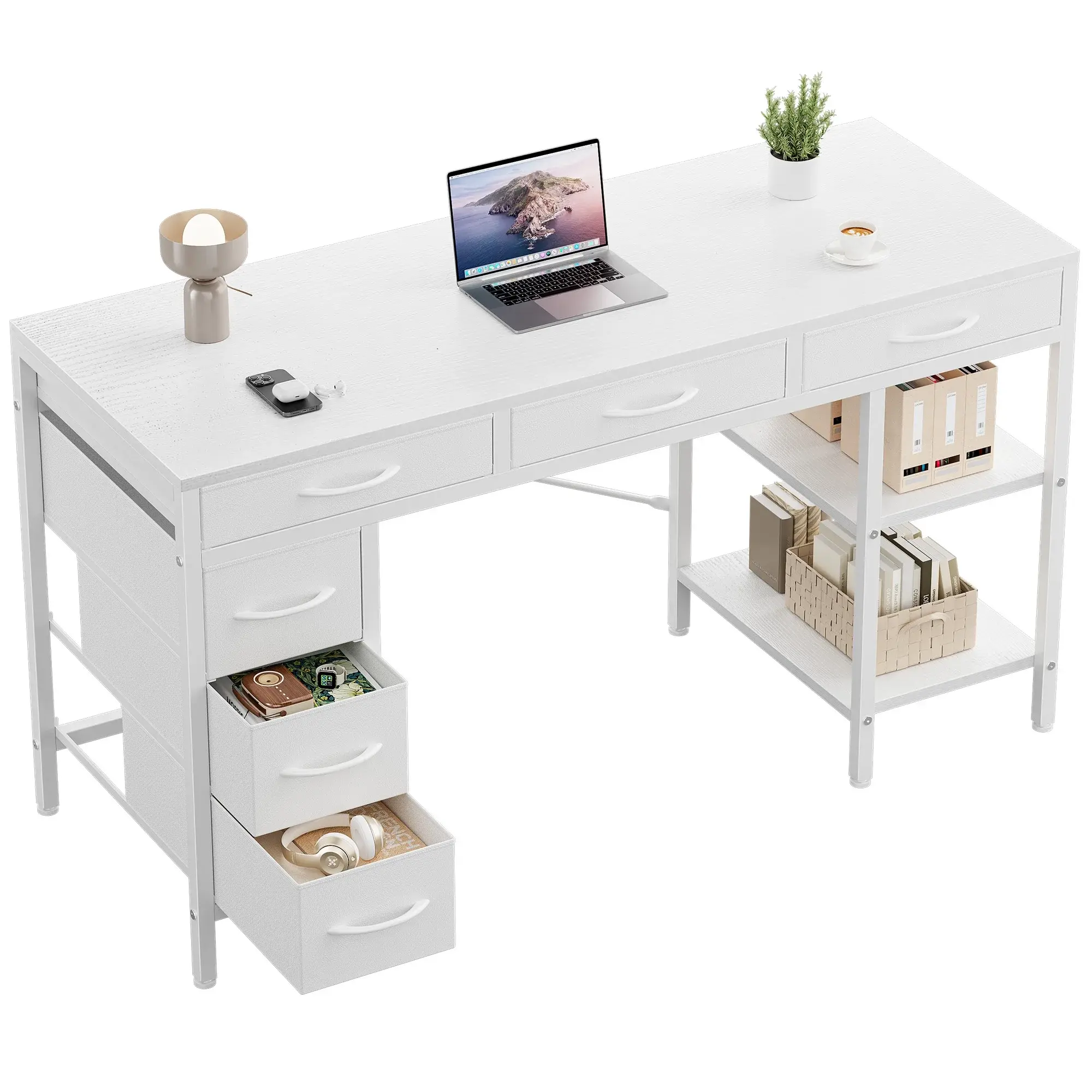 55-Inch Sturdy Frame Computer Desk with 6 Drawers and Storage Shelves, Rustic White Home Office Gaming Writing Work Table for Bedroom Living Room, 55 Inch Desk