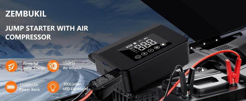 【Hieha】 New Year Gift: 2026 Tire Portable Air Compressor & Car Jump Starter& Portable Power Bank Charger, 3 in 1, 8000mAh 0-150 PSI for Car, Motorcycle, Bike, Balls, Motorboat, Tablet PC, Phones and LED/SOS Light