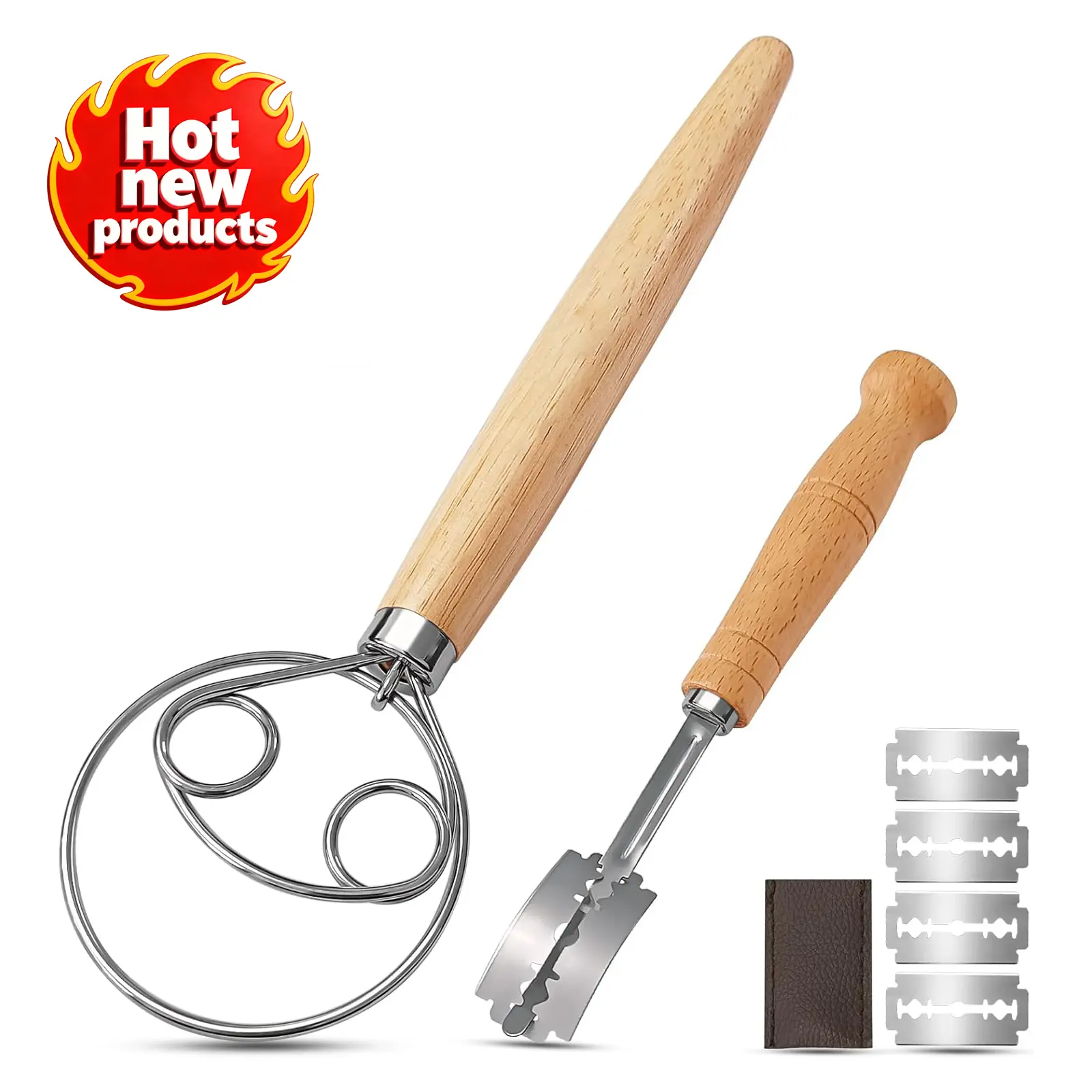 Thick Wood Danish Dough Whisk & Bread Lame Set - Lightweight Portable Sturdy Dough Hook, Bread Scoring Knife for Easy Mixing & Cuts, Essential Sourdough Baking Tool for Bakers