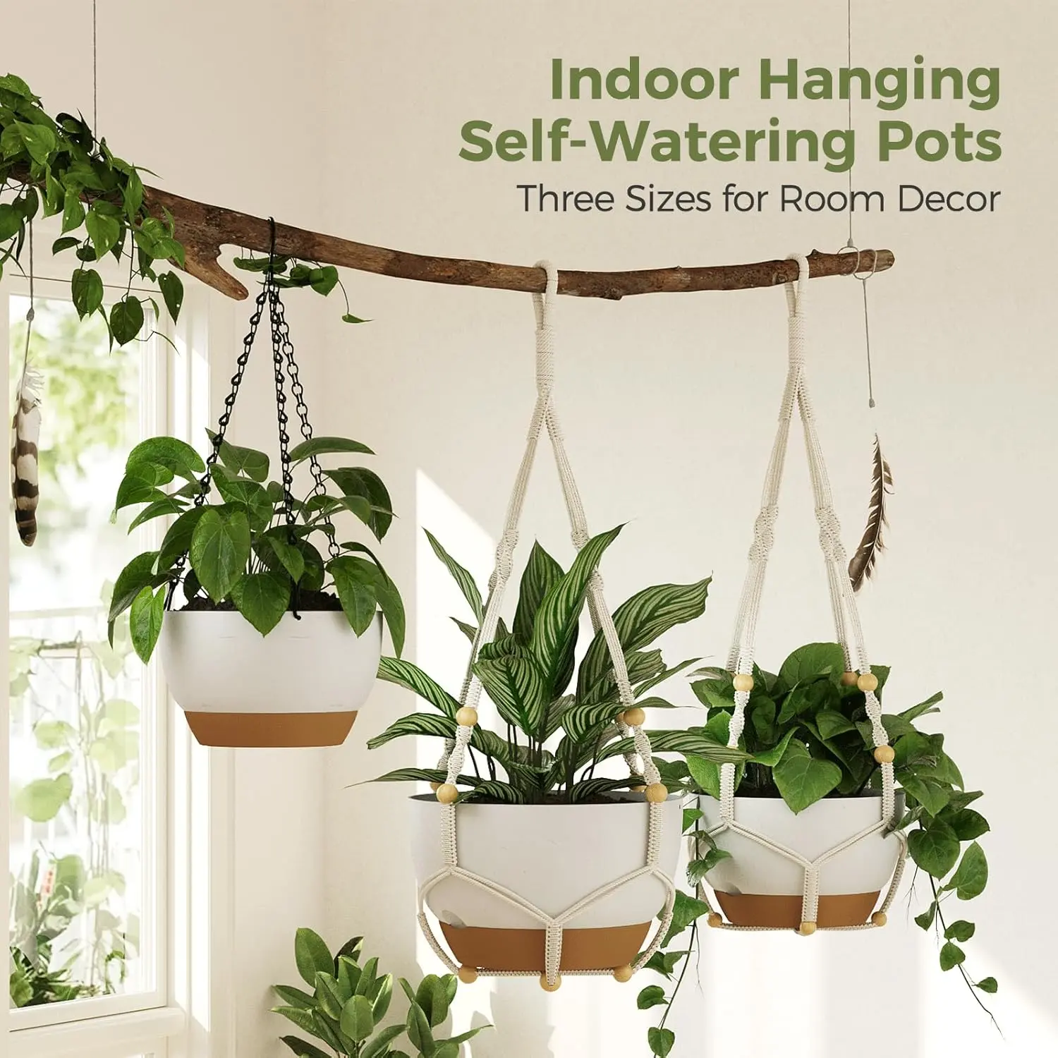 Bamworld 3-Pack White Macrame Hanging Flower Pots with Chain - Self-Watering Nursery Vessels (11/9/8 in) with Drainage Holes, Removable Saucer, Gift-Ready Boho Plant Set, 3-Pack Floating Set for Modern Home Decor (Flower Pots & Planters)