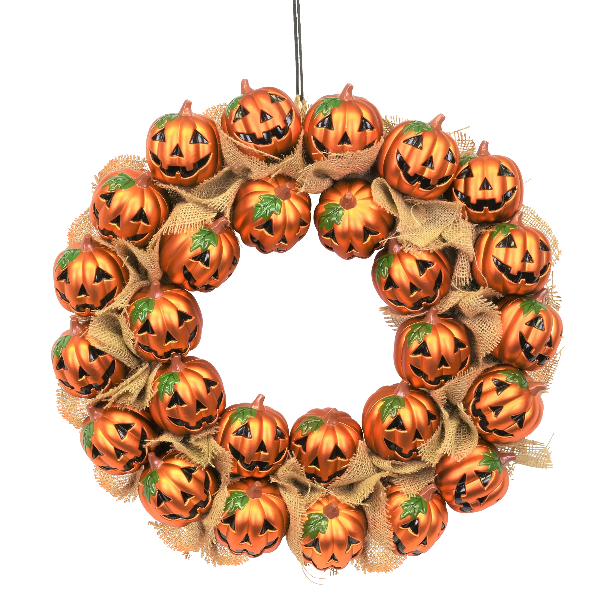 Jack-O-Lantern Pumpkin Halloween Wreath Decoration - Hand Painted Plastic Pumpkins with Burlap String, 20" x 20" x 4.5", Perfect for Outdoor Decor indoor spooky home decor props