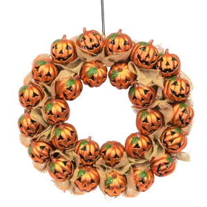 Jack-O-Lantern Pumpkin Halloween Wreath Decoration - Hand Painted Plastic Pumpkins with Burlap String, 20" x 20" x 4.5", Perfect for Outdoor Decor indoor spooky home decor props