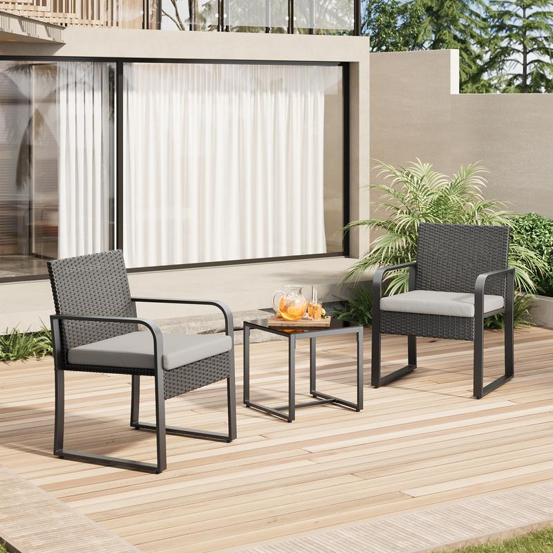 Gizoon 3 Piece Patio Bistro Set, Outdoor Black Wicker Furniture Sets, Modern Rattan Chair Conversation Sets with Coffee Table, for Yard, Garden, Balcony, Poolside, Grey Lounge Home