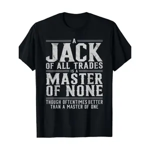 [Minimalist] Men's Casual Cotton T-Shirt - "A Jack of All Trades is a Master of None" Print, Short Sleeve, Round Neck, Black with White Text, Lightweight & Breathable for Casual Attire, Cotton T Shirts