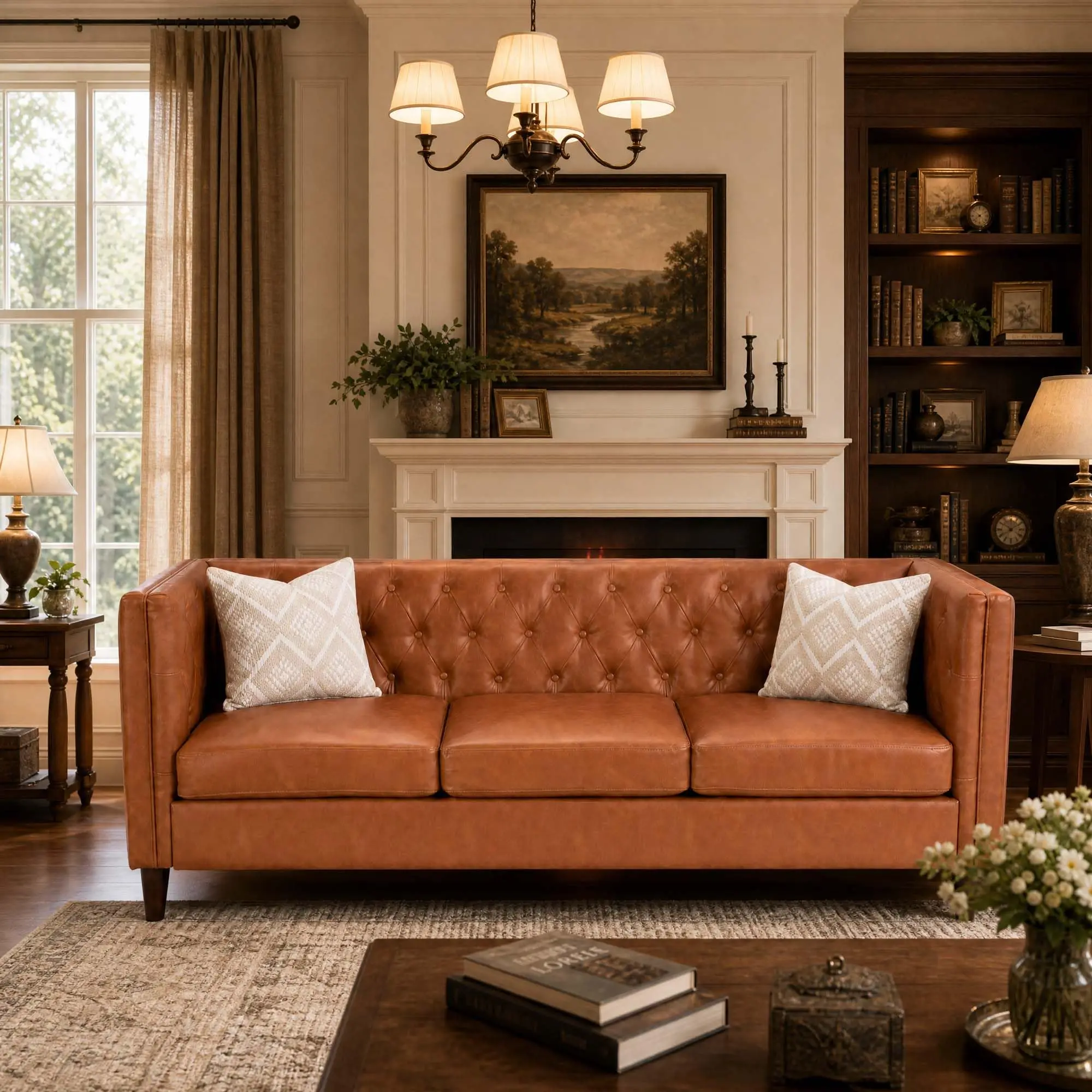 Garvee 81 In 3-Seat Leather Sofa - Handmade Button Tufted Chesterfield Design, Deep Seat, Available in Cognac Tan, Black, Brown, Sofas for Living Room, Ideal for Apartment, Office