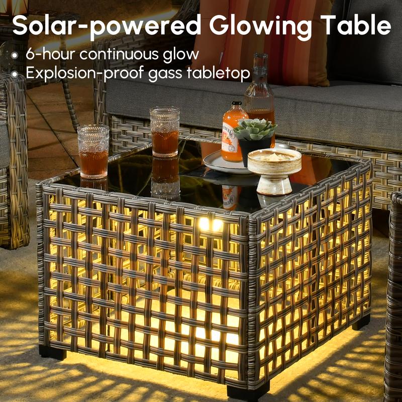 【4 Packages Shipping】Ovios 5 Pieces Outdoor Patio Furniture with 3-Seat Sofa,Rattan Wicker Coversation Set with Swivel Rocking Chair,Balcony Sofa Set with Shiny Solar Powered Coffee Table for Outside Porch Backyard PooL