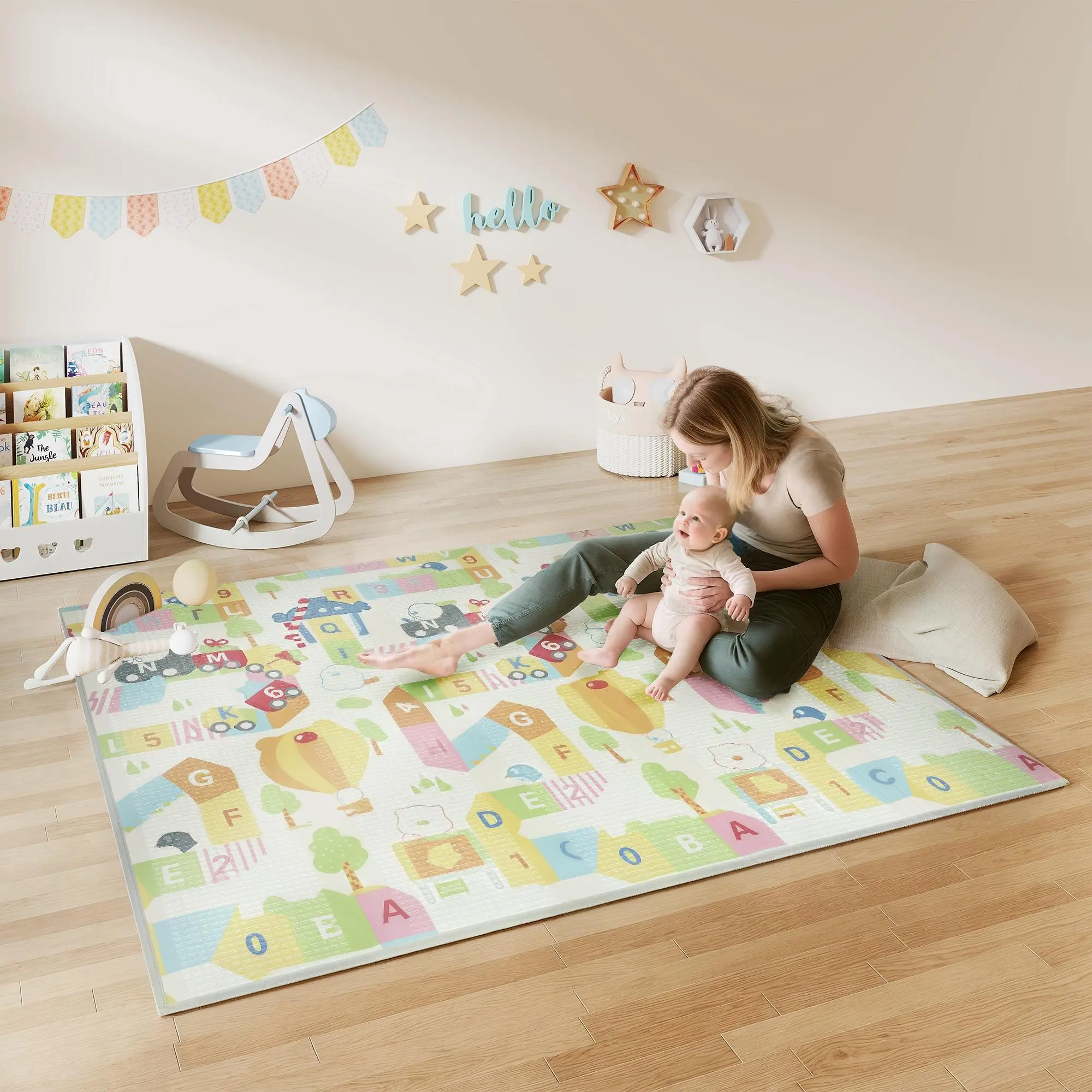 Qaba Foldable & Reversible Baby Play Mat, 79" x 71"Thick Foam Floor Mat, Non-Slip Waterproof Crawling Mat for Infants, Babies & Toddlers, Alphabet & Cloud Design for Sensory Development
