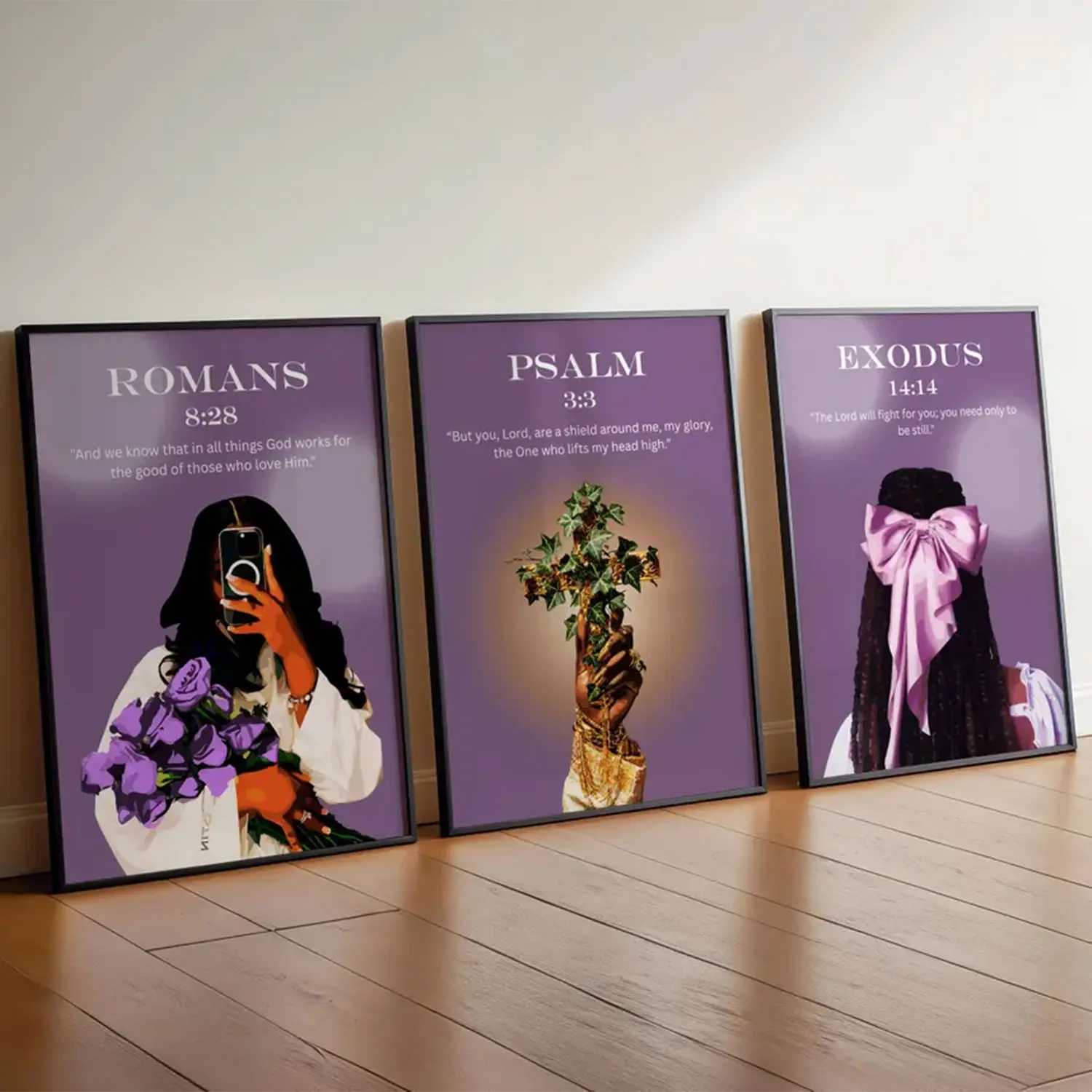 Set 3 Purple Scripture Wall Art, Christian Girl Room Decor, Coquette Bible Verse Print