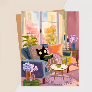 Cute Black Cat Greeting Card for Cat Lover, Spring Floral Cat Card, Cozy Reading Cat Illustration, Cat Lover Gift for Her